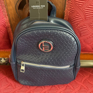 LONDON FOG Navy Bowery Medium Woven Backpack with Silver Hardware